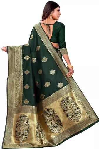 green silk blend banarasi saree with unstitched blouse piece