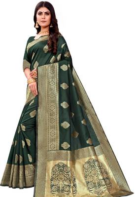 green silk blend banarasi saree with unstitched blouse piece 3