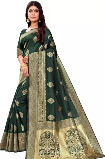 green silk blend banarasi saree with unstitched blouse piece