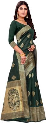 green silk blend banarasi saree with unstitched blouse piece 4