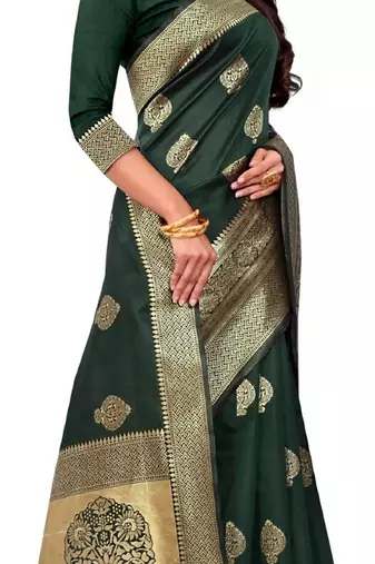 green silk blend banarasi saree with unstitched blouse piece