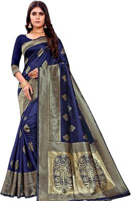 blue silk blend banarasi saree with unstitched blouse piece 1