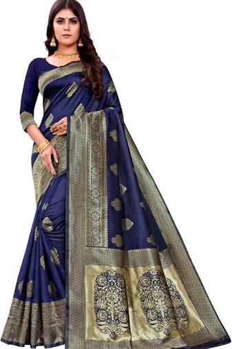 blue soft art silk banarasi jacuard work designer party wear saree with unstitched blouse piece