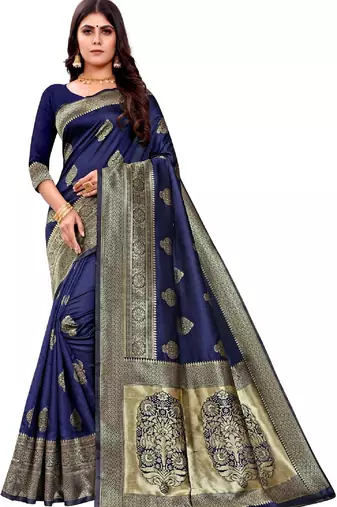 blue soft art silk banarasi jacuard work designer party wear saree with unstitched blouse piece
