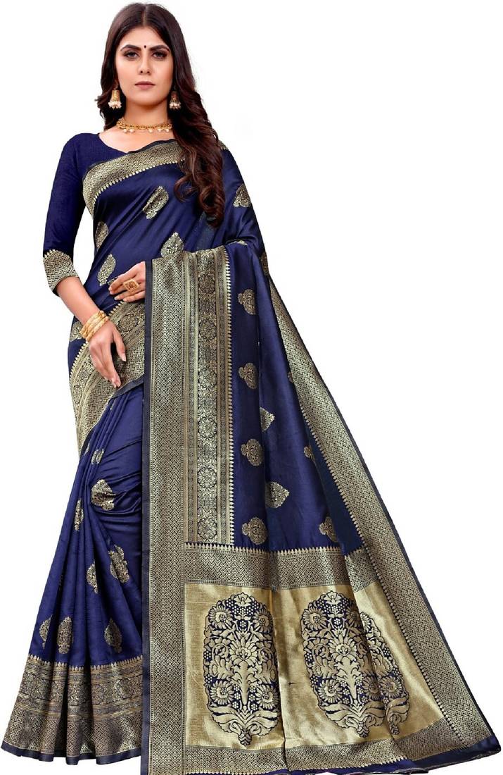 blue soft art silk banarasi jacuard work designer party wear saree with unstitched blouse piece