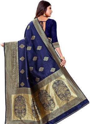 blue silk blend banarasi saree with unstitched blouse piece 2