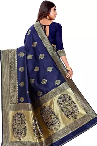 blue silk blend banarasi saree with unstitched blouse piece