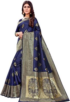 blue silk blend banarasi saree with unstitched blouse piece 3