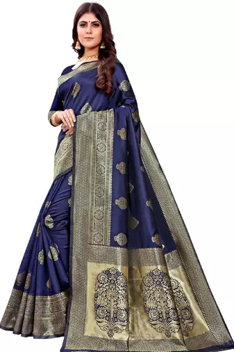 blue silk blend banarasi saree with unstitched blouse piece