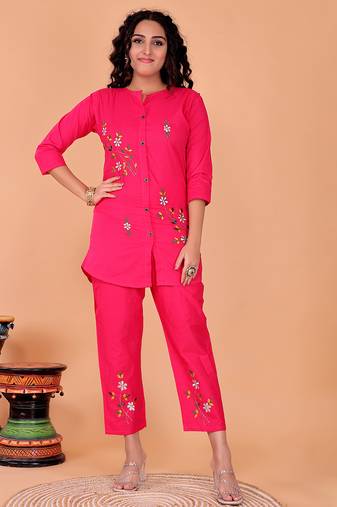 Fashion petals pink cotton embroidery co-ord set