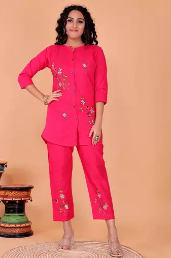 Fashion petals pink cotton embroidery co-ord set