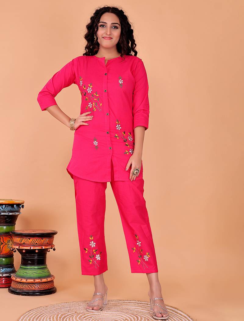 Fashion petals pink cotton embroidery co-ord set