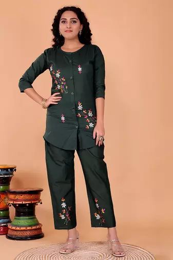 Fashion petals mehndi green cotton embroidery  co-ord set