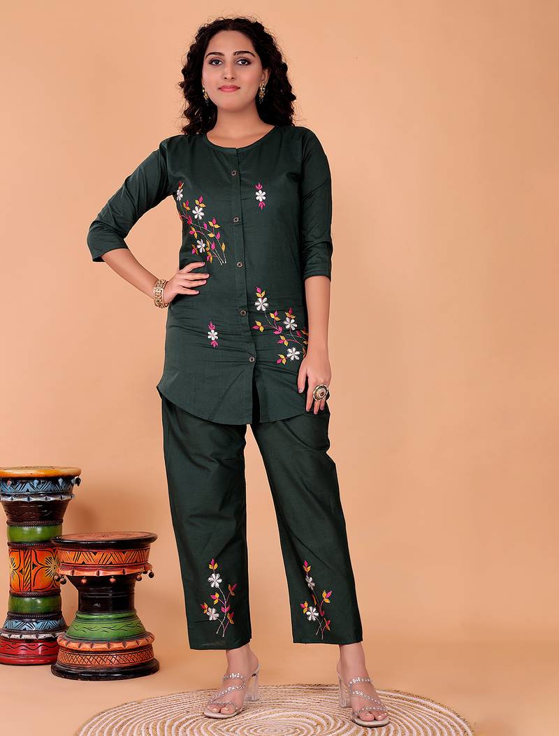 Fashion petals mehndi green cotton embroidery  co-ord set