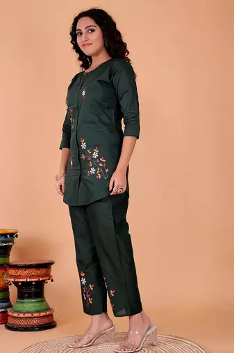  mehndi green cotton embroidery  co-ord set