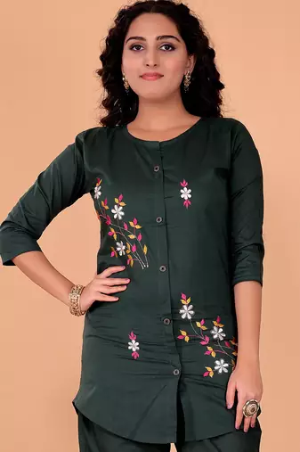  mehndi green cotton embroidery  co-ord set