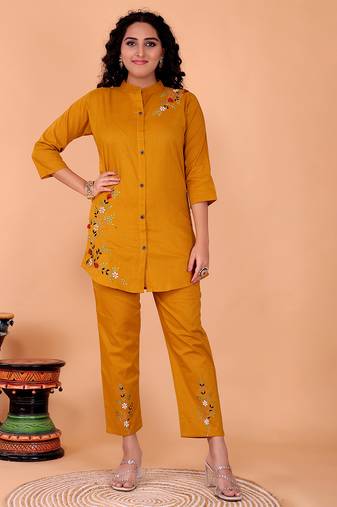 Fashion petals yellow cotton embroidery  co-ord set