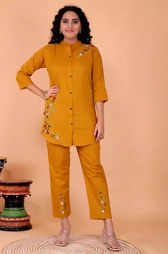 Fashion petals yellow cotton embroidery  co-ord set