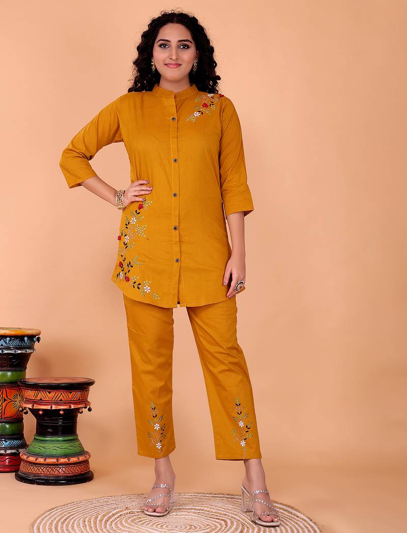 Fashion petals yellow cotton embroidery  co-ord set