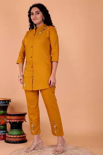  yellow cotton embroidery  co-ord set