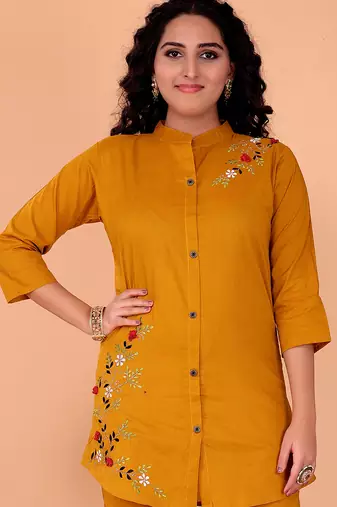  yellow cotton embroidery  co-ord set