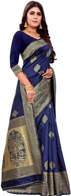 blue silk blend banarasi saree with unstitched blouse piece 4
