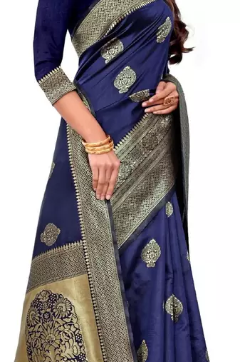 blue silk blend banarasi saree with unstitched blouse piece