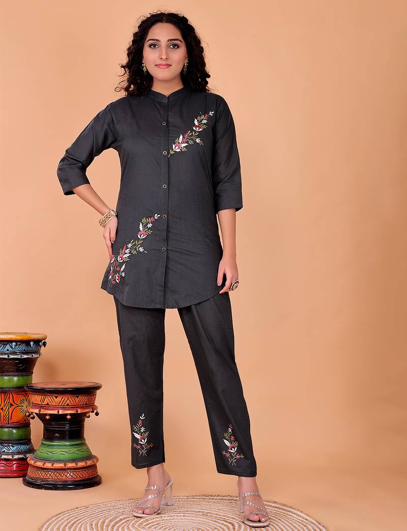 Fashion petals gray cotton embroidery  co-ord set