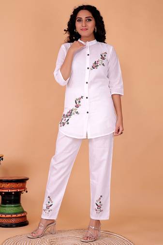 Fashion petals white cotton embroidery  co-ord set