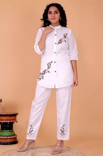 Fashion petals white cotton embroidery  co-ord set