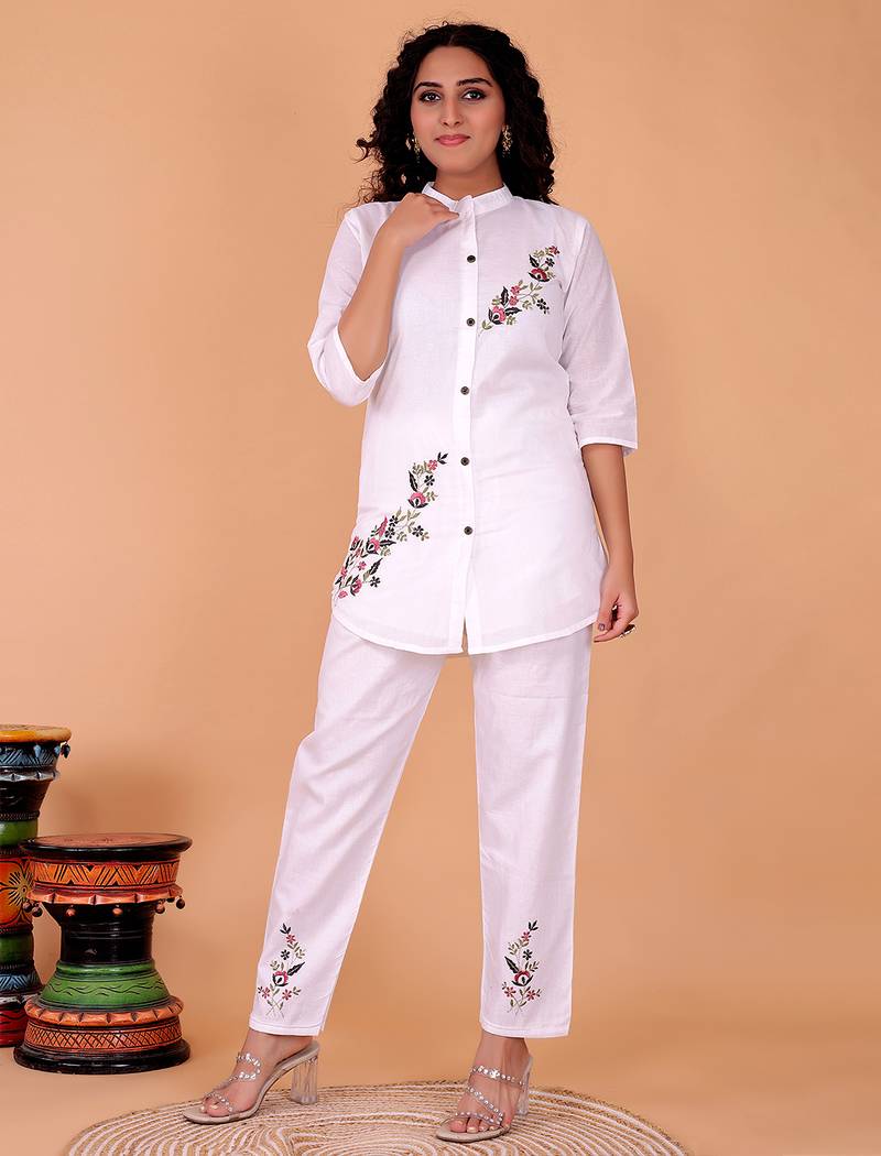 Fashion petals white cotton embroidery  co-ord set