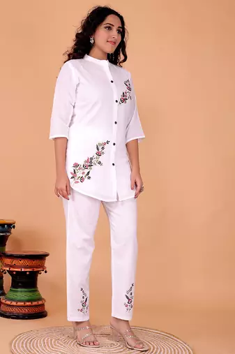 Fashion petals white cotton embroidery  co-ord set