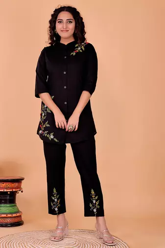 Fashion petals black cotton embroidery  co-ord set