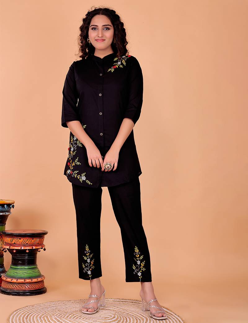 Fashion petals black cotton embroidery  co-ord set