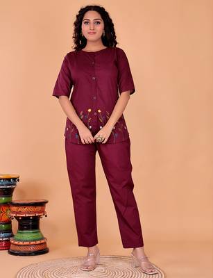  maroon cotton embroidery  co-ord set 1