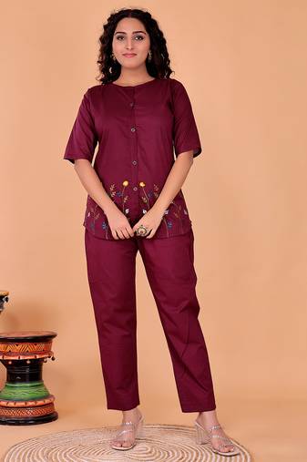 Fashion petals maroon cotton embroidery  co-ord set