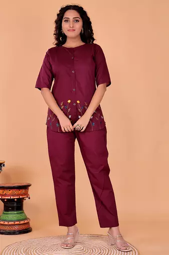 Fashion petals maroon cotton embroidery  co-ord set
