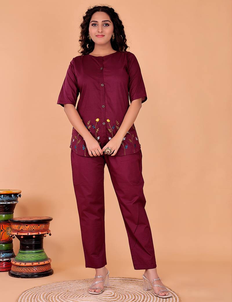 Fashion petals maroon cotton embroidery  co-ord set