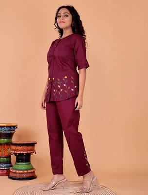  maroon cotton embroidery  co-ord set 2