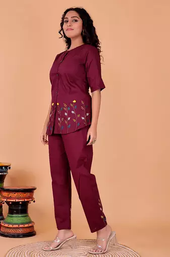  maroon cotton embroidery  co-ord set