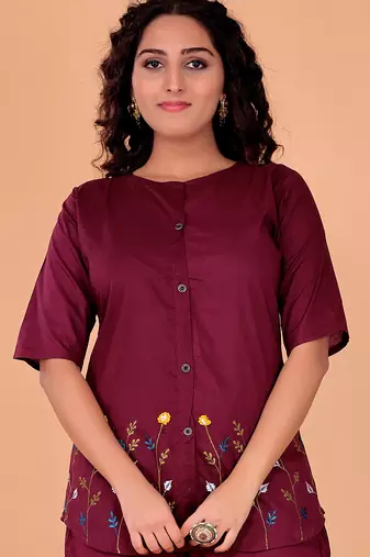  maroon cotton embroidery  co-ord set