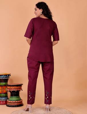  maroon cotton embroidery  co-ord set 4