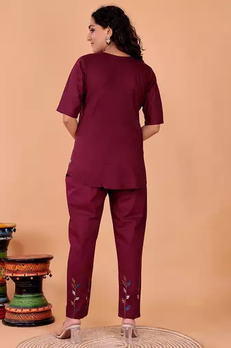  maroon cotton embroidery  co-ord set