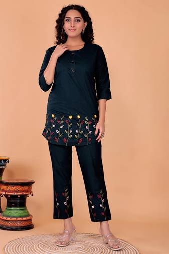 Fashion petals navy blue cotton embroidery  co-ord set