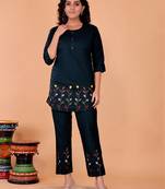 Fashion petals navy blue cotton embroidery  co-ord set