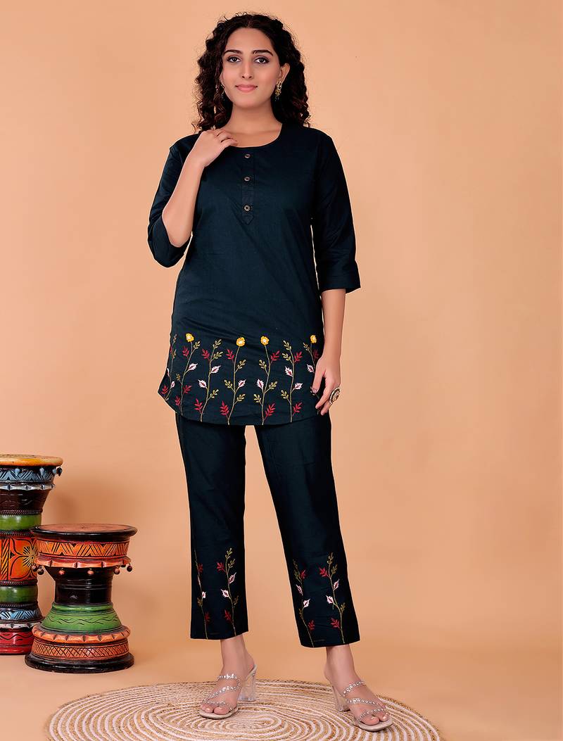 Fashion petals navy blue cotton embroidery  co-ord set