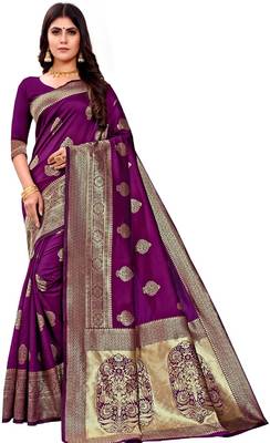 purple silk blend banarasi saree with unstitched blouse piece 1