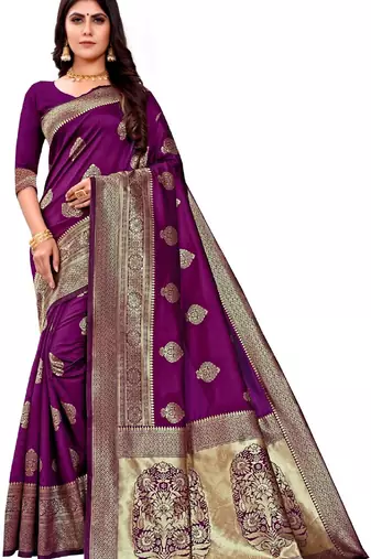 purple soft art silk banarasi jacuard work designer party wear saree with unstitched blouse piece