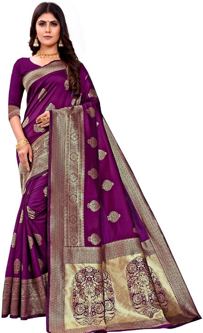 purple soft art silk banarasi jacuard work designer party wear saree with unstitched blouse piece