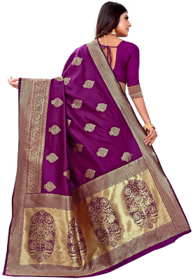 purple silk blend banarasi saree with unstitched blouse piece 2